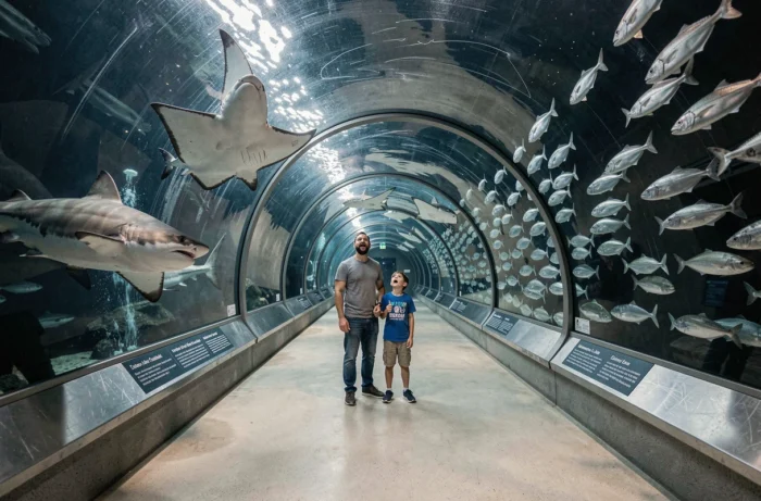 Tunnel aquatique de l'aquarium de La Ciotat avec des raies et des requins nageant au-dessus de visiteurs