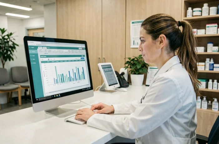 Vétérinaire utilisant un logiciel de gestion vétérinaire sur ordinateur dans un cabinet moderne