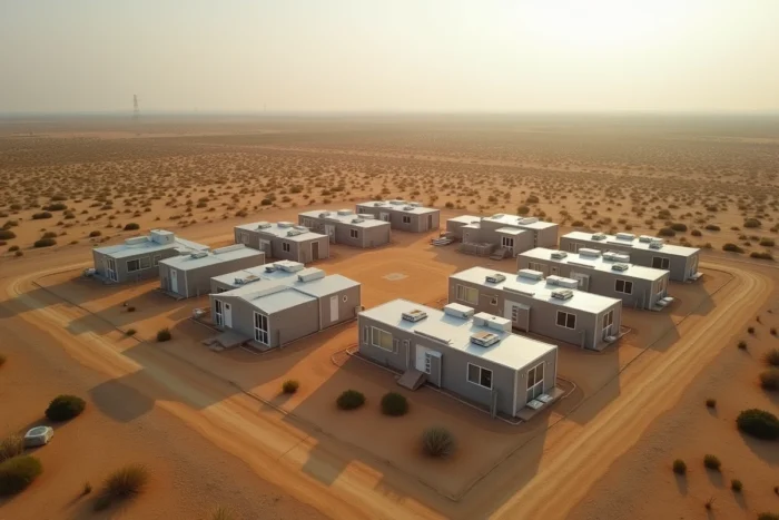 Vue aérienne d'un hameau de maisons modulaires modernes dans un paysage aride au Texas, résidence privée isolée
