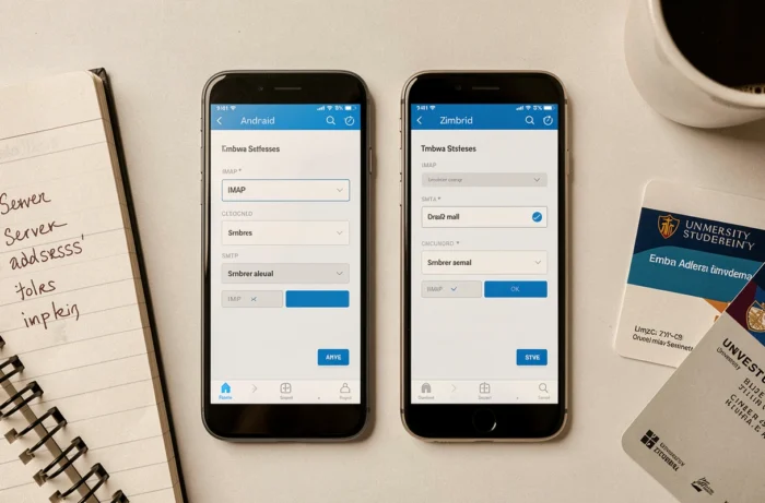 Vue aérienne de deux smartphones configurant une boite mail Zimbra avec notes de paramètres serveur IMAP et SMTP